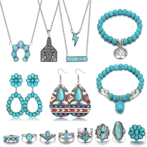 NEW 16Pcs Turquoise Jewelry for Women Boho Bohemian Turquoise Jewelry Se… - Picture 5 of 6